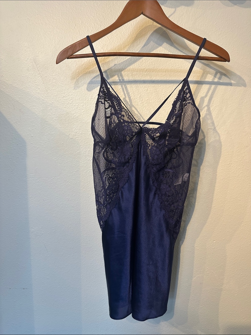 Navy Lace Trim Satin Chemise Slip - Women's Intimate Sleepwear M